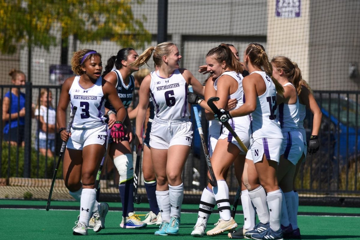 Northwestern field hockey celebrates a goal during a game earlier this season.