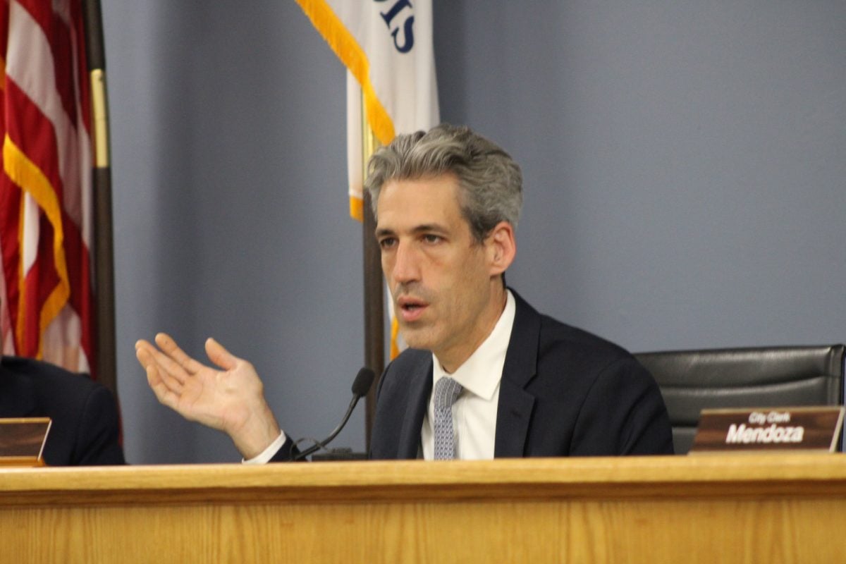 Mayor Daniel Biss spoke at Monday’s City Council meeting amid the possibility of an impending $23 million deficit.

