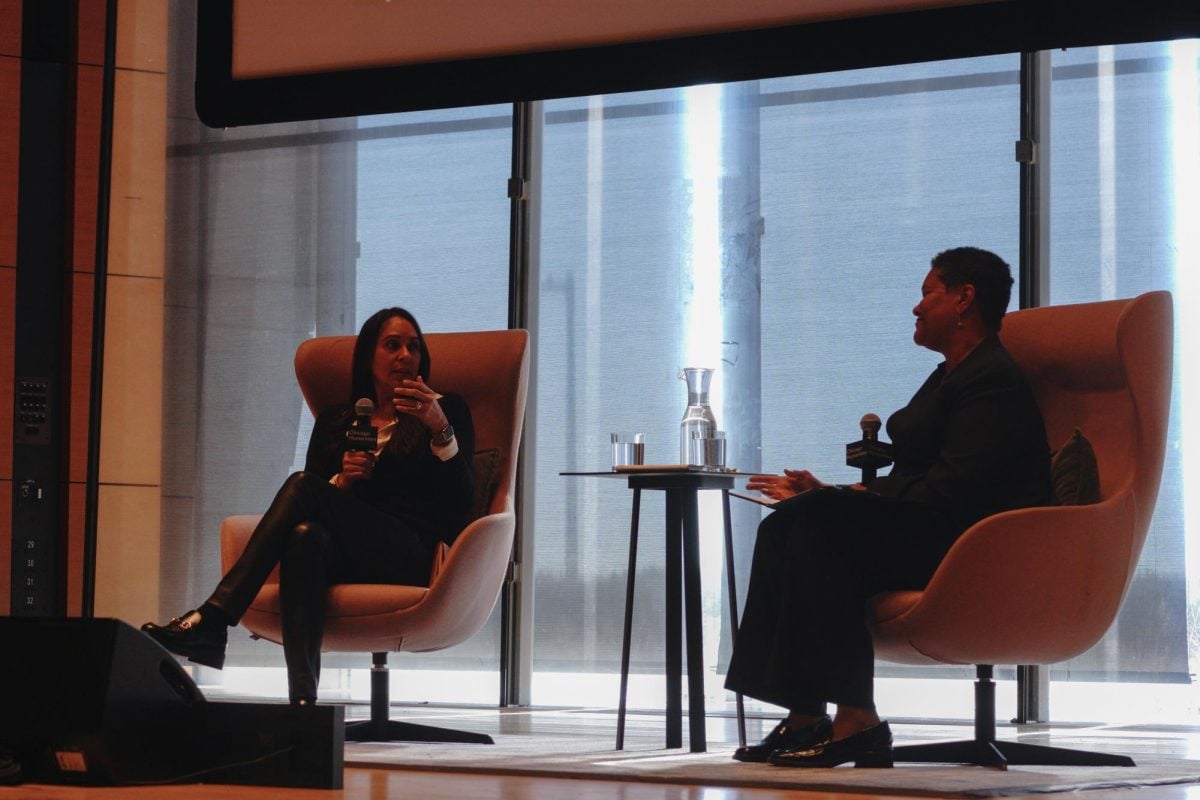 English Prof. Natasha Trethewey (Left) discusses “The House of Being” with history Prof. Leslie Harris (Right)