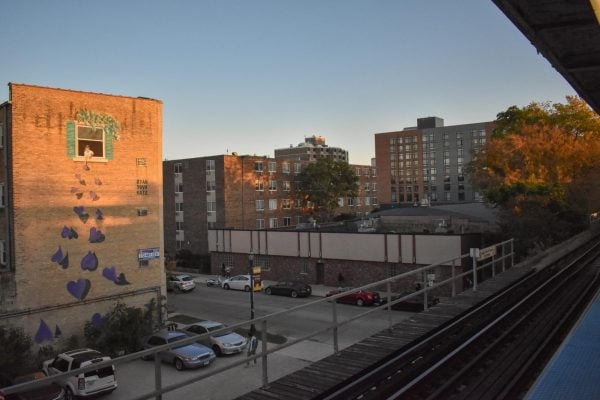 “Purple Hearts Mural,” by artist Ryan Tova Katz, was painted across from Foster Station in 2020.
