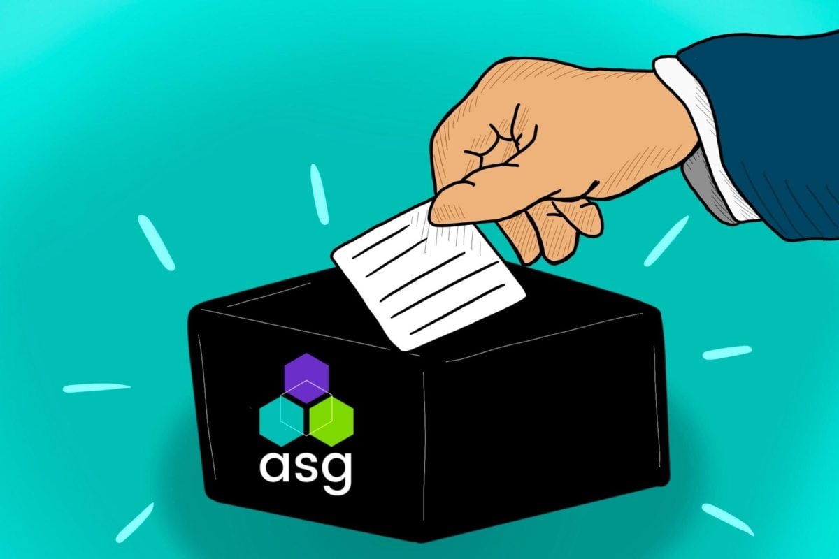 Illustration of a hand placing a white paper in a black ballot box