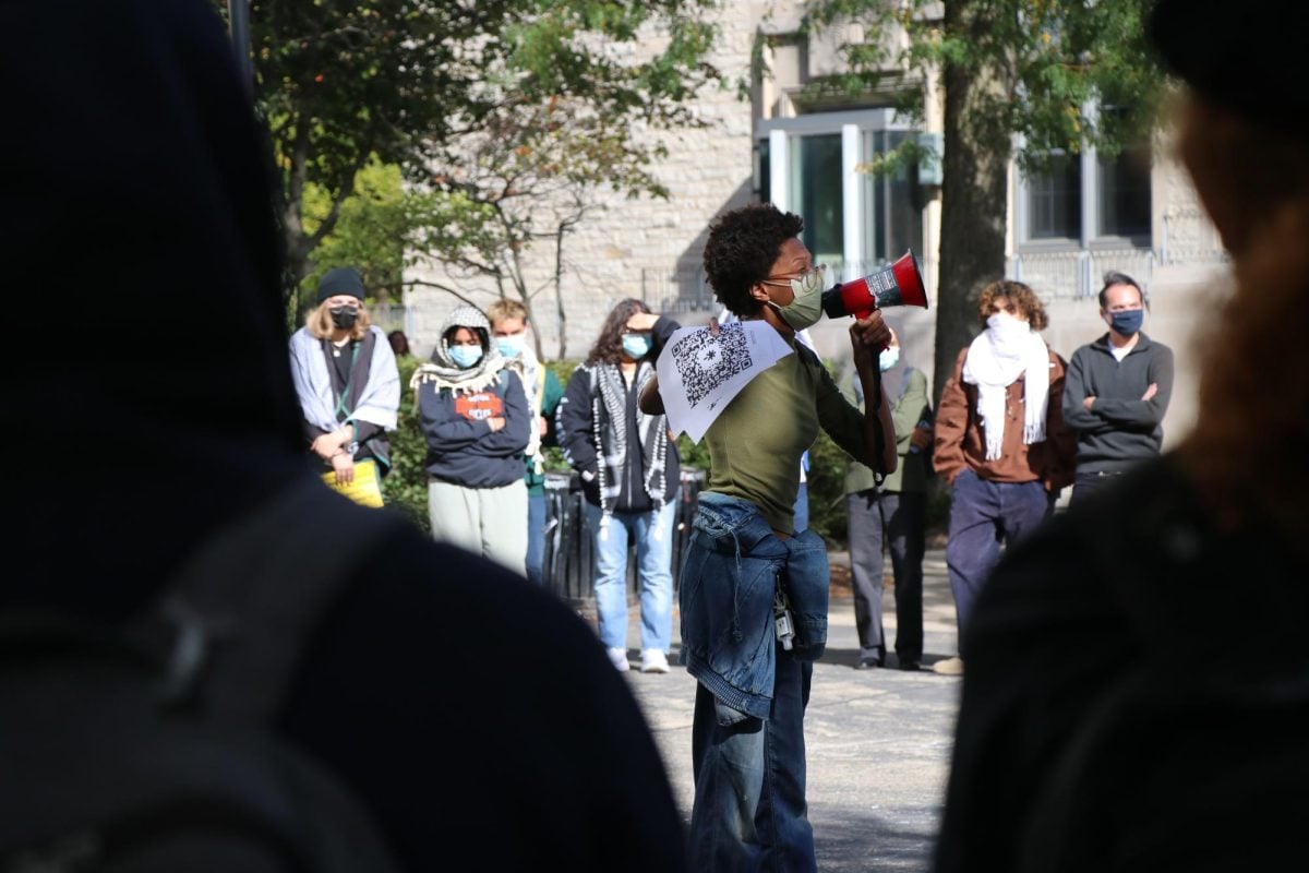 A protester speaks to the crowd.