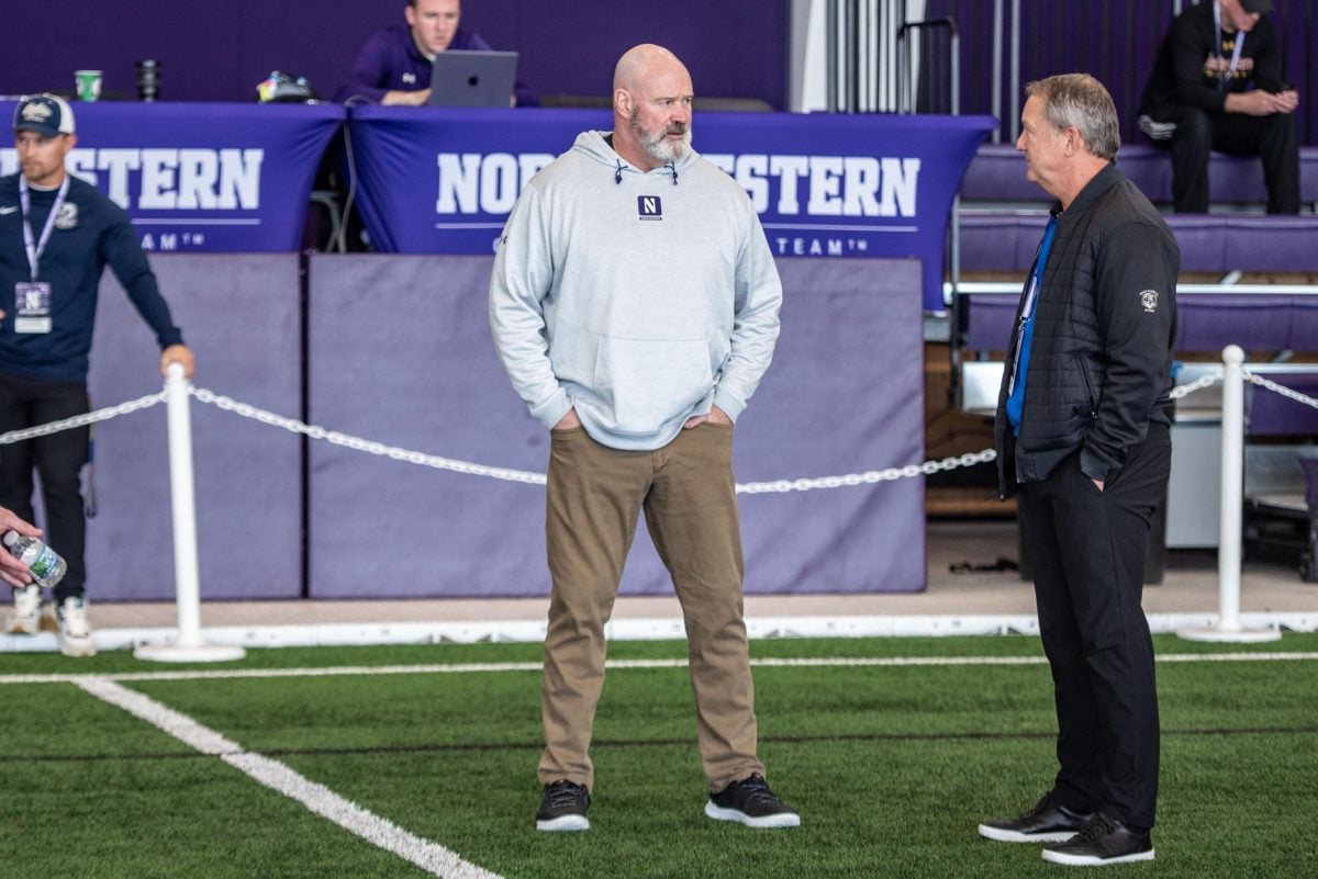 Offensive line coach Bill O’Boyle at Northwestern’s Pro Day in March.