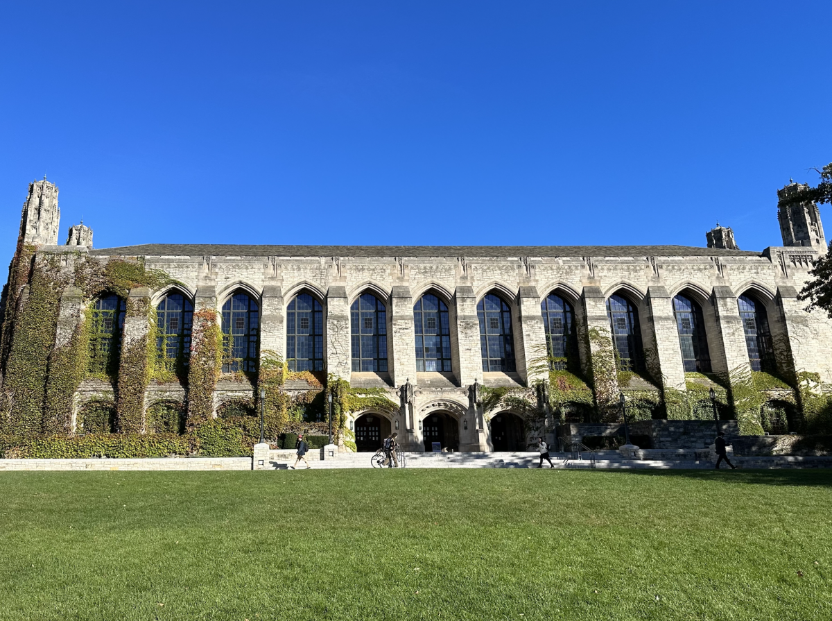 The outside of Deering Library on a sunny day.