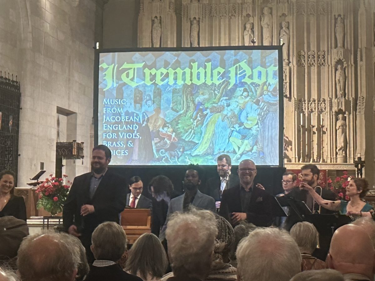 Singers and instrumentalists bow before The Newberry Consort’s performance of “I Tremble Not” at St. Luke’s Episcopal Church on Saturday.