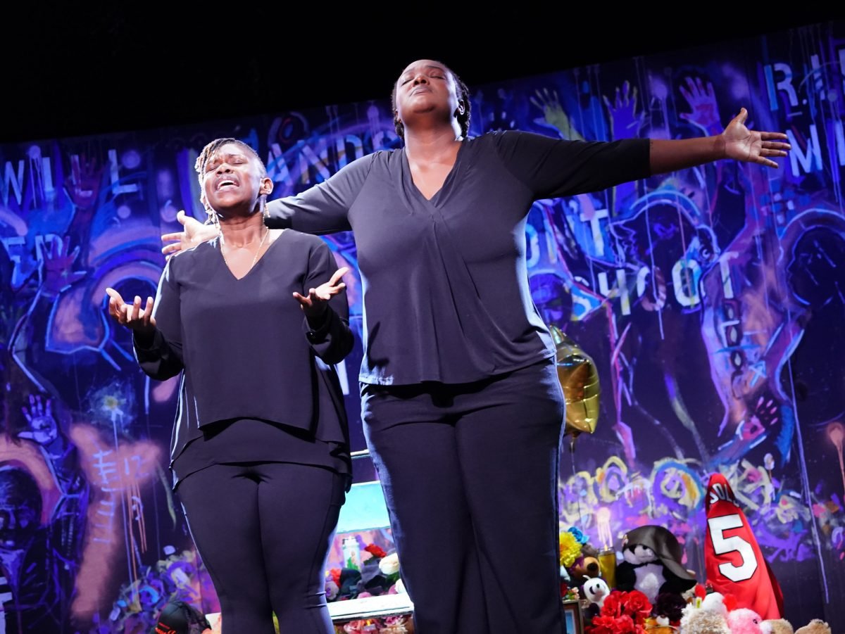 Jazzma Pryor and Jasmine “Jaz” Robertson perform in “Until the Flood” at the Fleetwood-Jourdain Theatre.