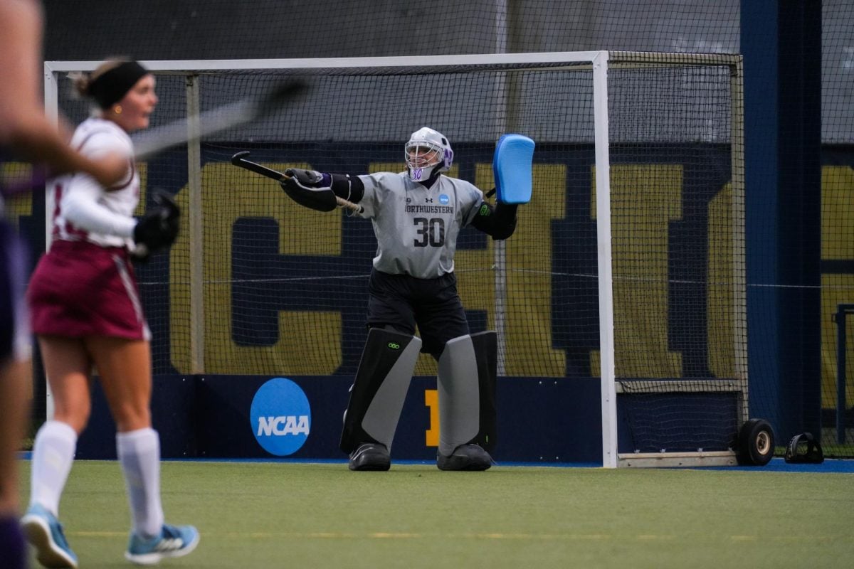 Graduate student goalkeeper Annabel Skubisz directs traffic against UMass Friday. 