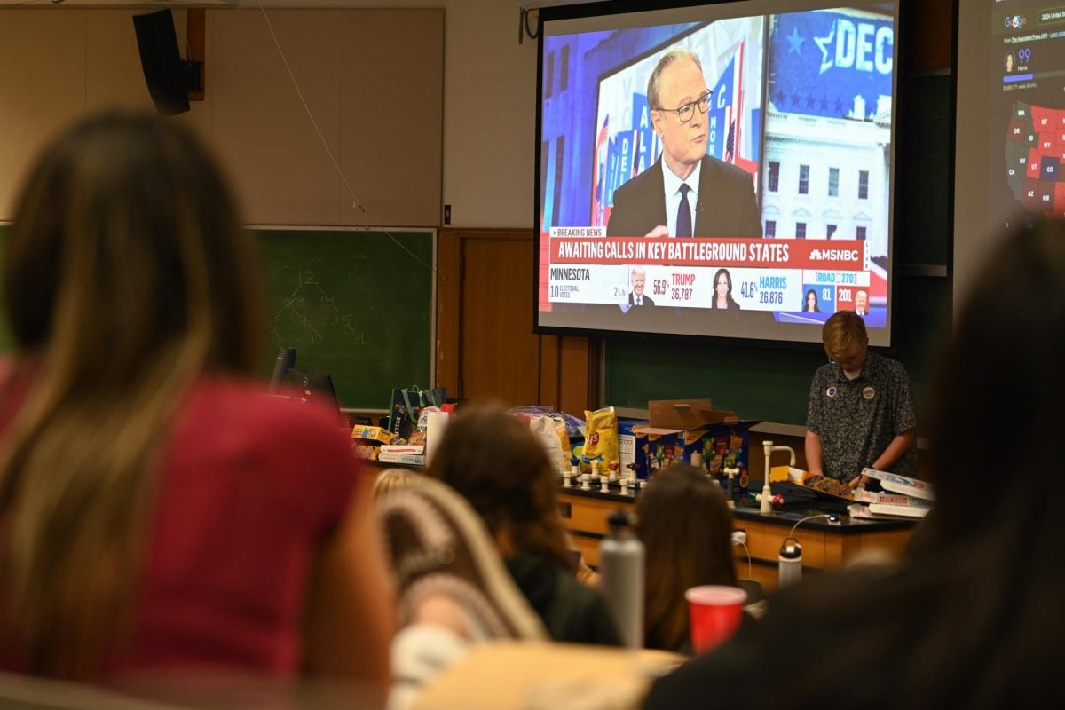 Students take in the results of the 2024 election at a Tuesday night watch party in the Technological Institute.