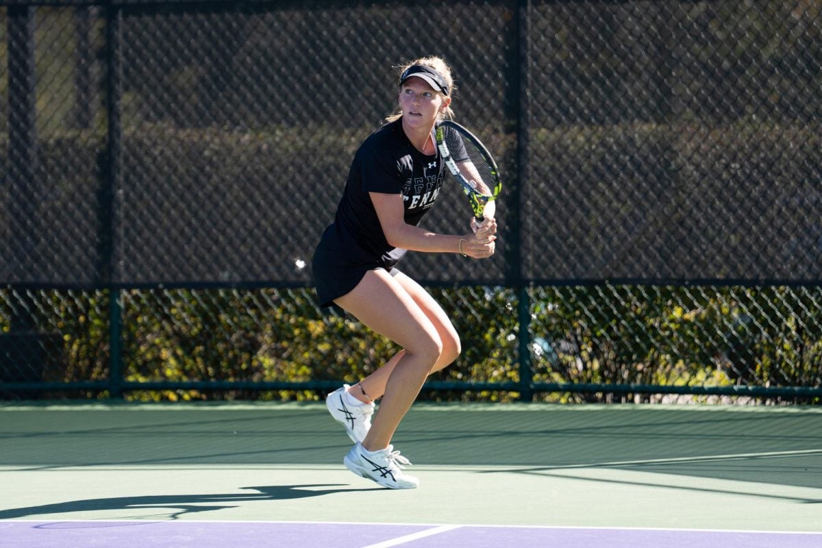 Freshman Mika Dagan Fruchtman prepares to hit a ball in practice this fall. She and graduate student Britany Lau reached the semifinals of the ITA Sectional Championships.