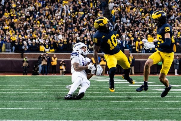 Graduate student wide receiver Bryce Kirtz hauls in a reception against Michigan Saturday.