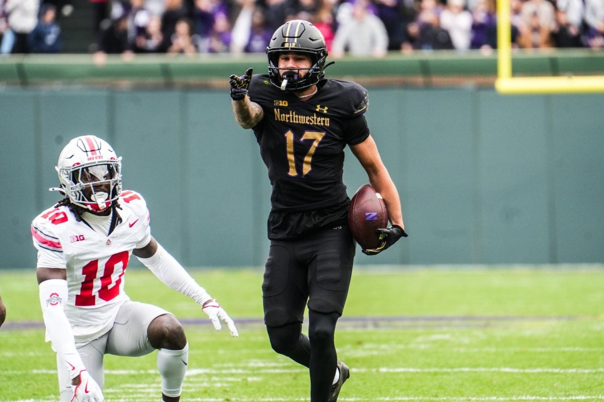 Graduate student wide receiver Bryce Kirtz celebrates a first down against Ohio State at Wrigley Field on Nov. 6.
