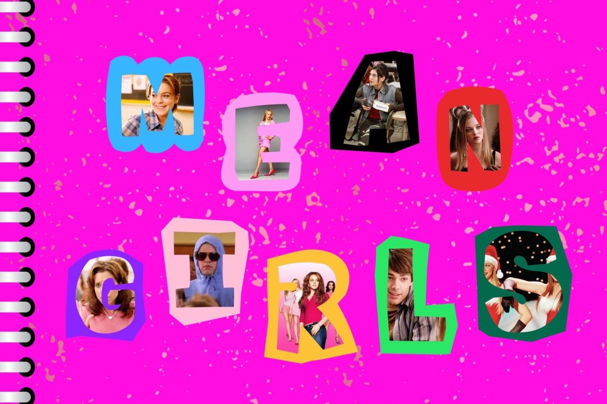 Collage of principal characters in the film arranged in the frame of the letters in “Mean Girls”