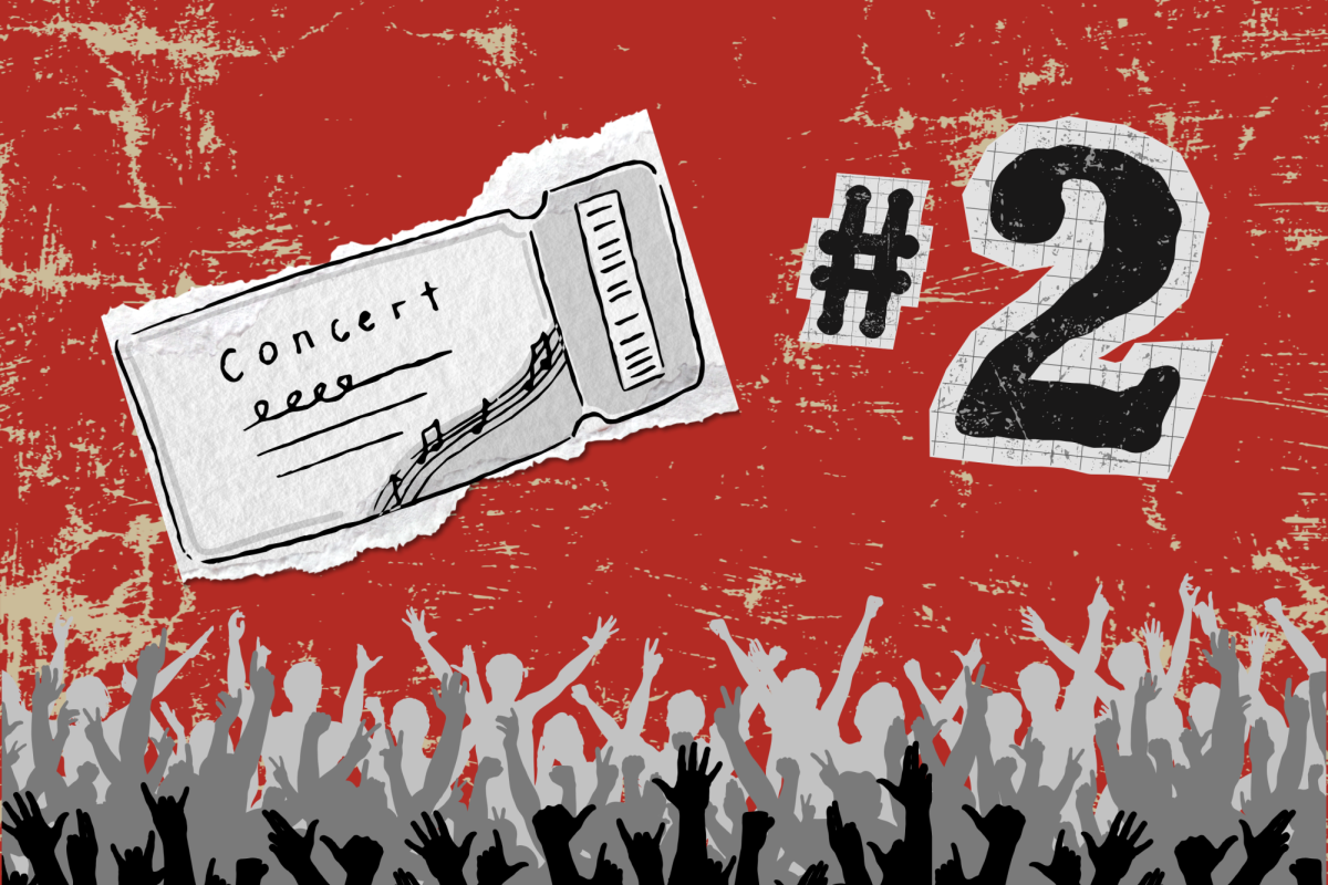 A bold #2 and a sketched concert ticket are above a cheering crowd of fans, in grayscale on a red background.