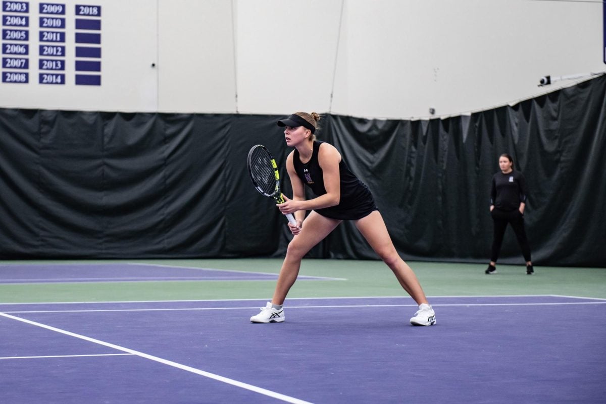 Senior Sydney Pratt in a match last season. Pratt logged a 2-1 singles record in East Lansing this weekend.