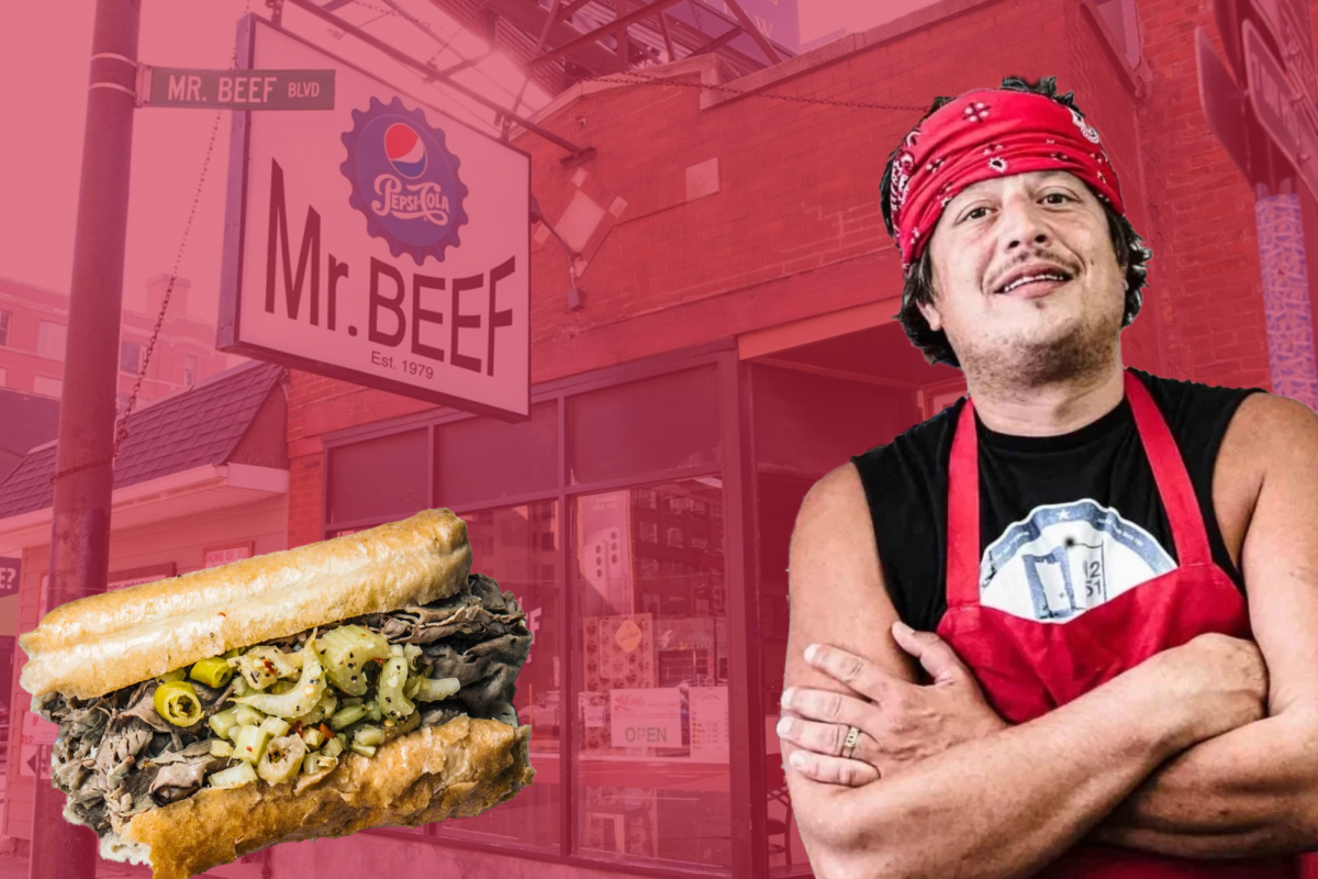 An italian beef sandwich and man with a bandana and apron in front of a background of a restaurant.