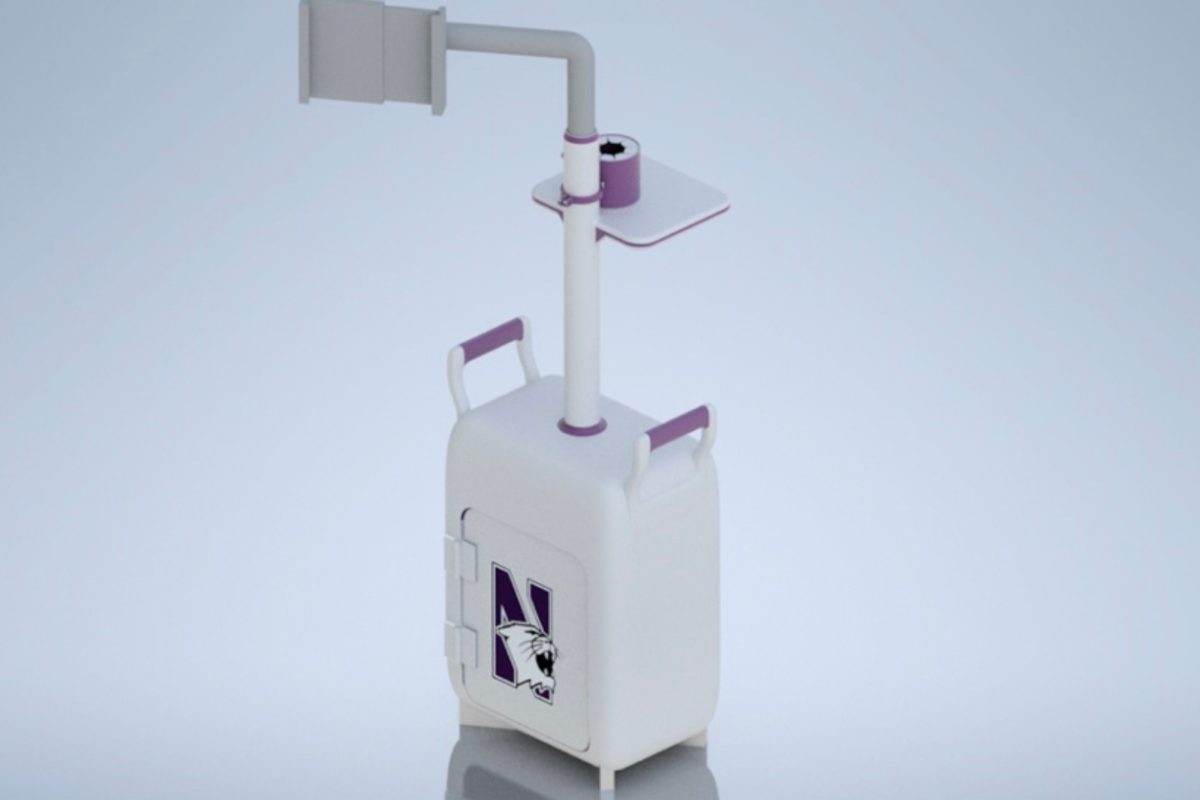 A model of MILO, featuring an all-white medical device with the Northwestern logo emblazoned on the side.