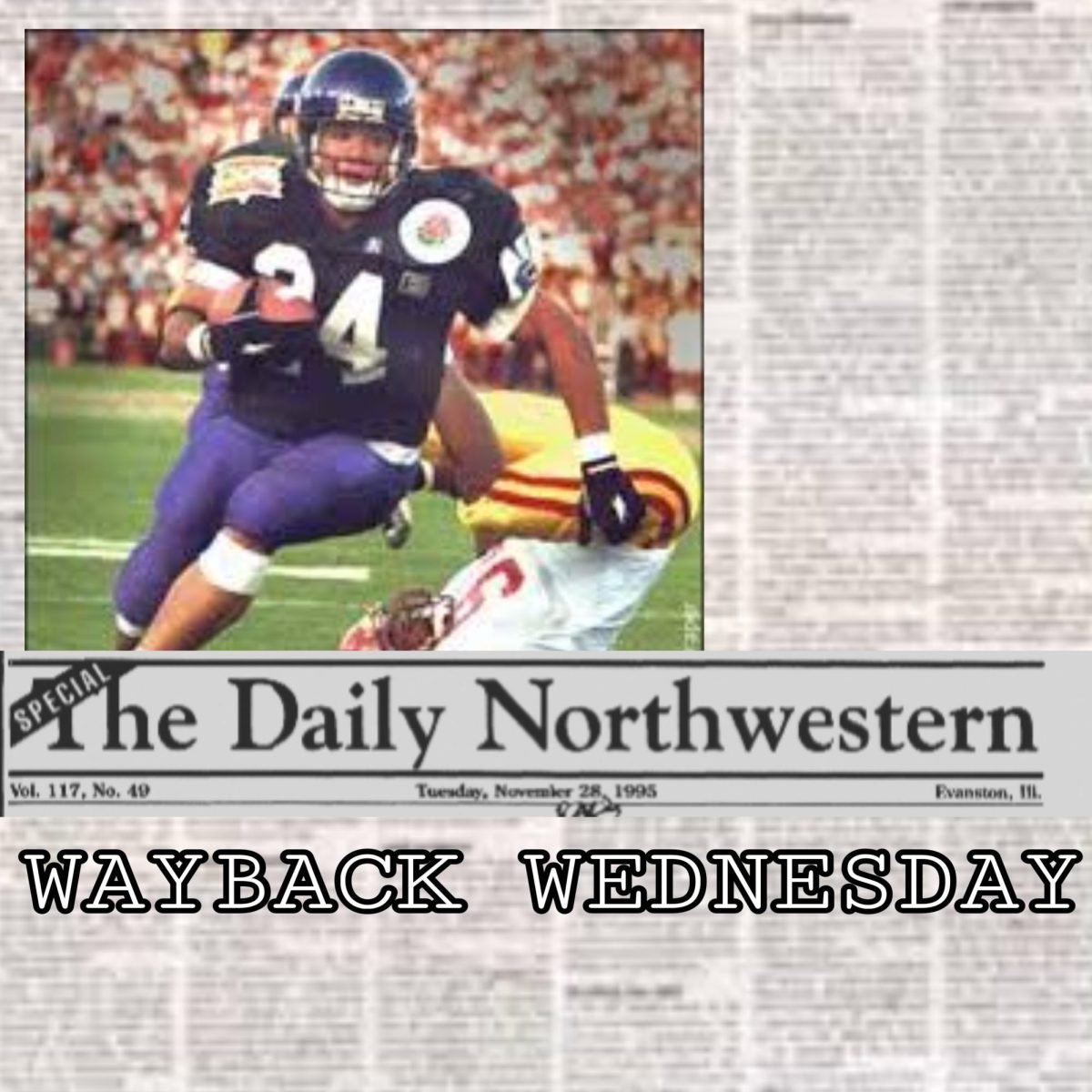 Graphic shows Northwestern player and bits of an old Daily newspaper collaged together.