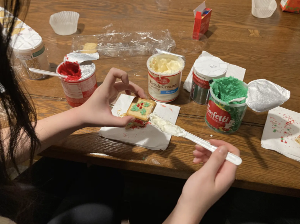 A person decorates a cookie with holly-shaped frosting.