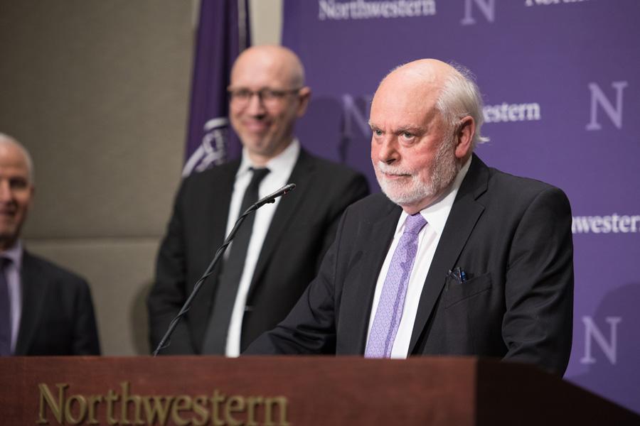 Prof. Sir Fraser Stoddart speaks at Hardin Hall in 2016 after winning the Nobel Prize in Chemistry. 