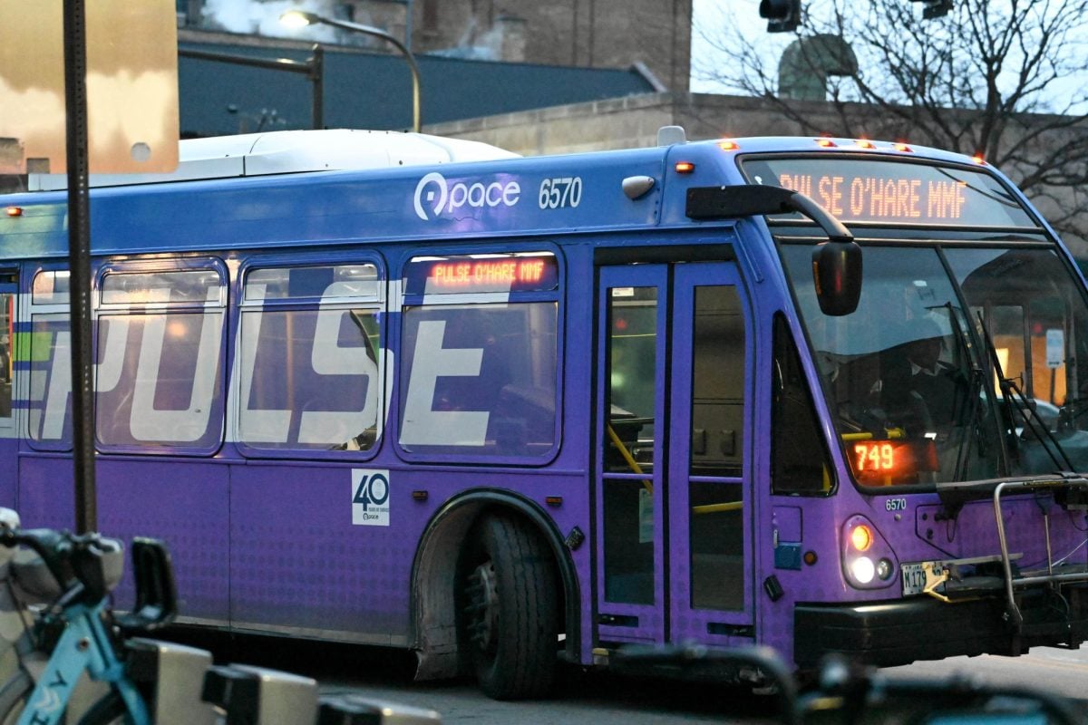 A Pulse Dempster Line bus pulls into the Davis Street CTA station in early January.