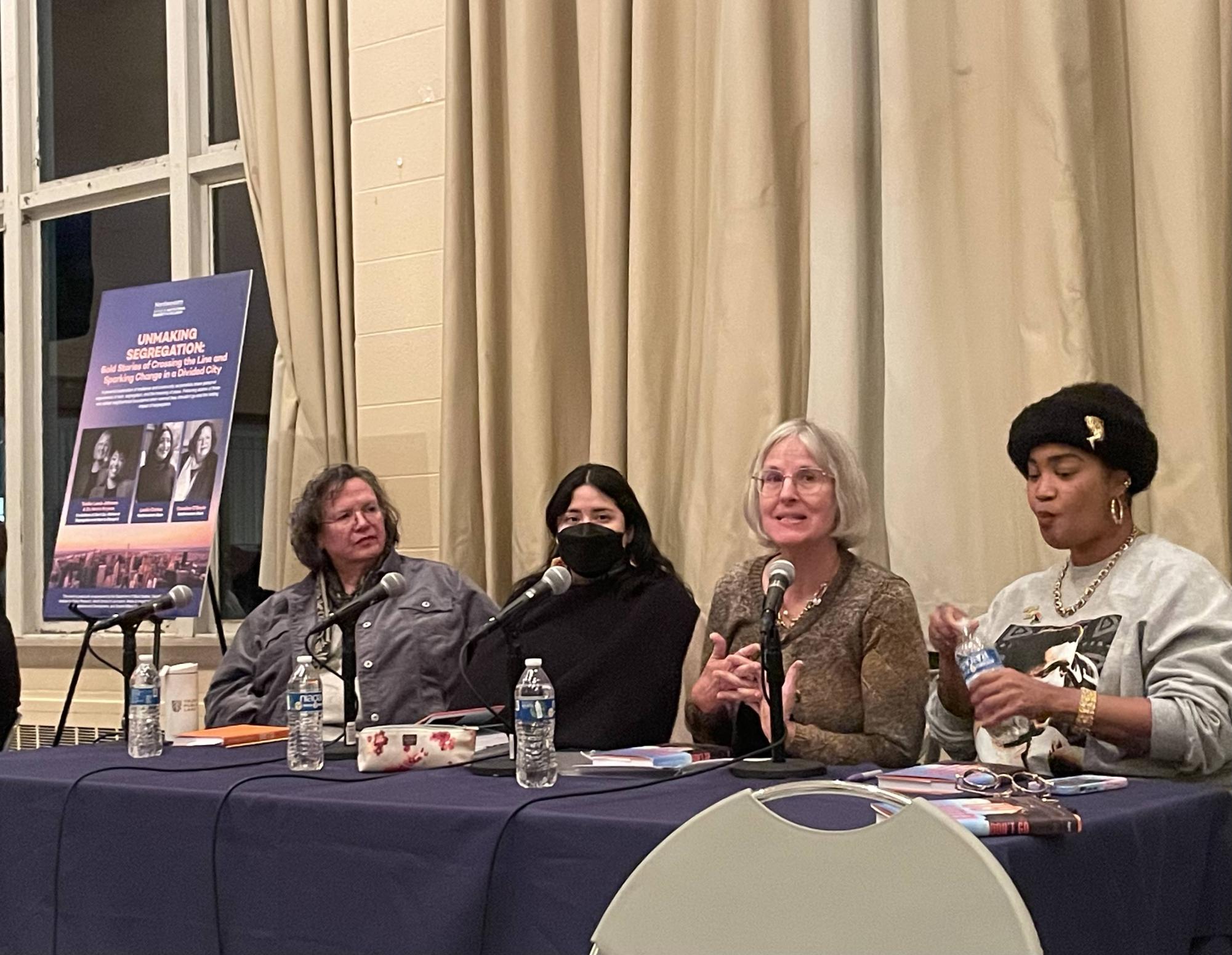 Panelists speak at the “Unmaking Segregation” event in Parkes Hall on Jan. 15. From left to right: Caroline O’Boyle, Leslie Cortez, Maria Krysan, Tonika Lewis Johnson.
