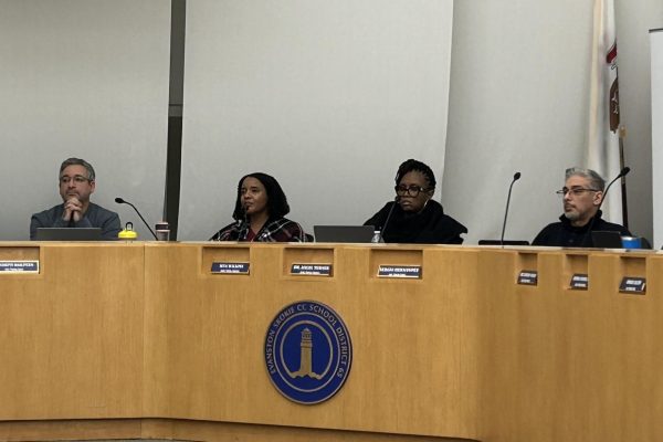 The District 65 Board of Education approved the spending reduction scenario recommended by Superintendent Angel Turner (third from left), reducing $13.3 million in costs for fiscal year 2026. 