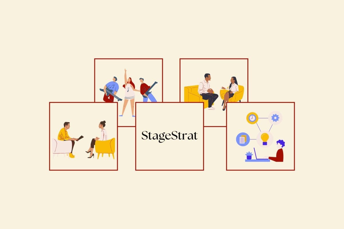 The word “StageStrat” sits in front of scenes depicting business meetings and concerts against a cream background.