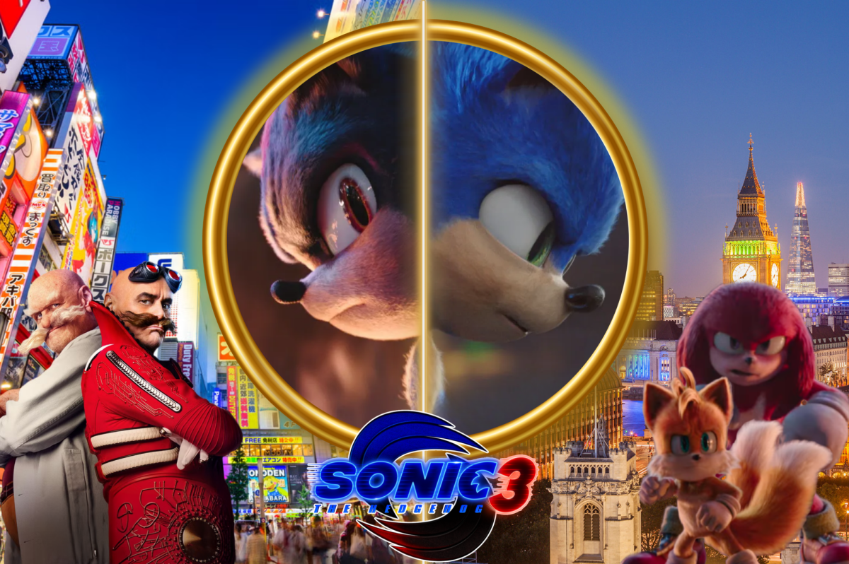 Sonic and Shadow face away from each other in a ring while other characters stand beside.