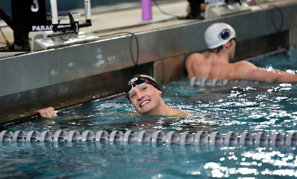 A Northwestern swimmer competes at a meet earlier this season.