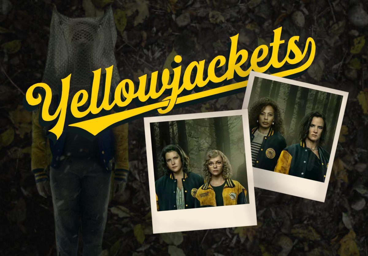 “Yellowjackets” in yellow varsity font with polaroids of different characters.