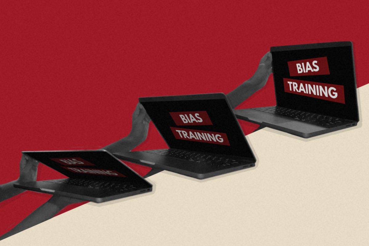 Three laptops at different stages of closing with the words “Bias training” printed on the screens.