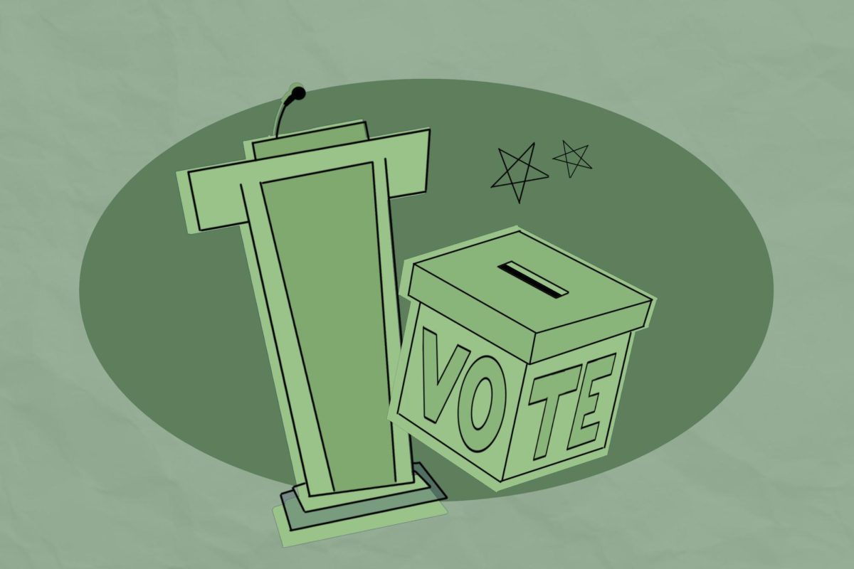 A green lectern and vote box.