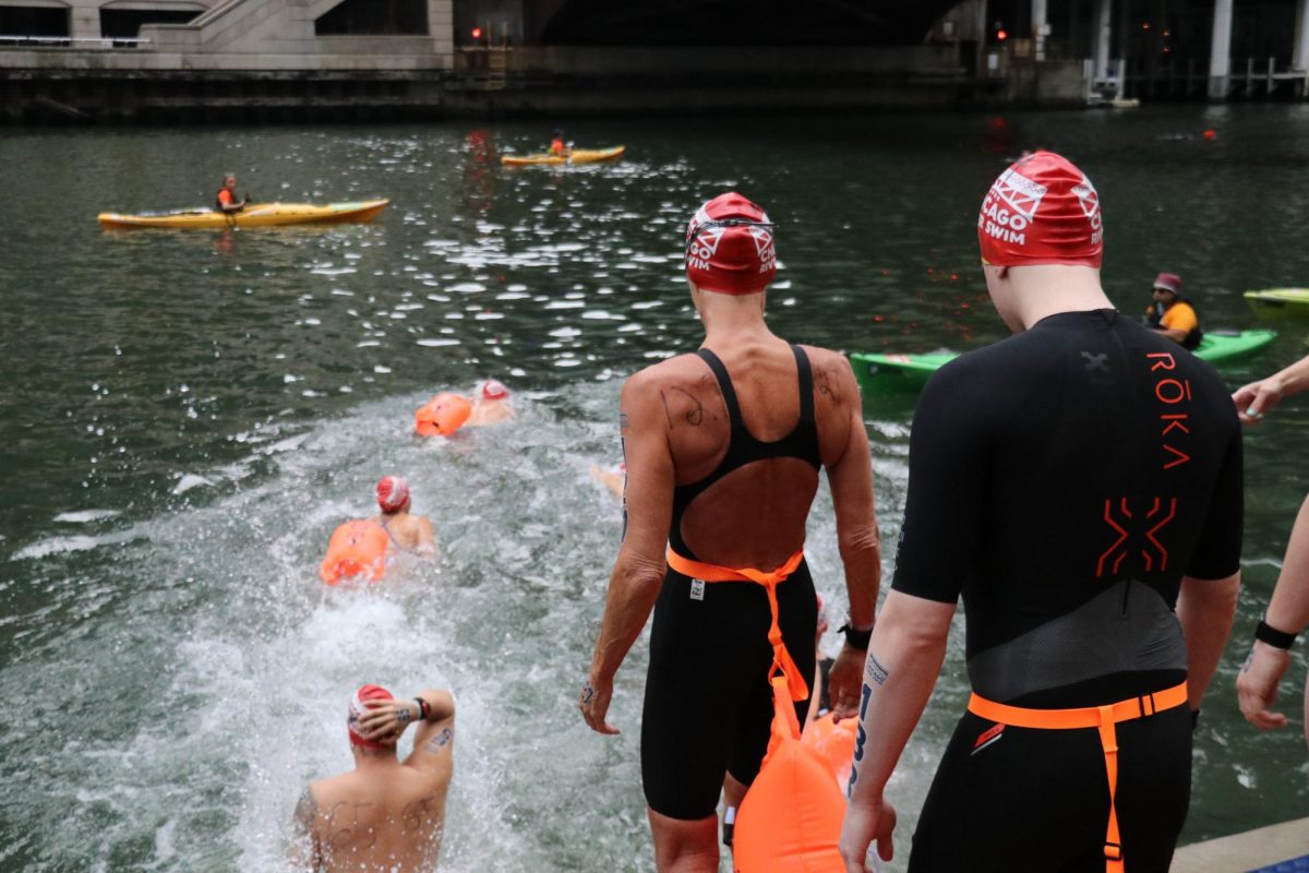 Two swimmers look down as others begin to swim.