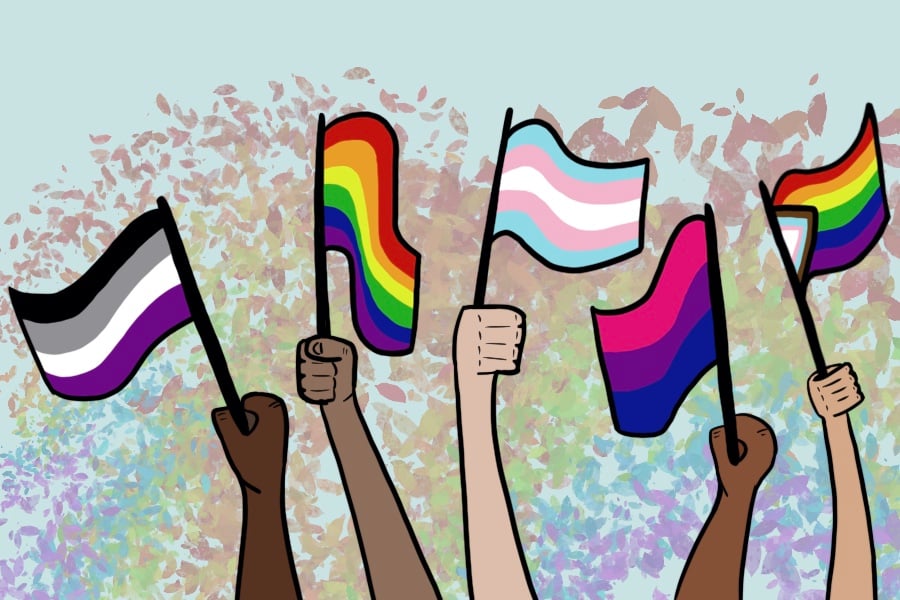 Illustration of people holding various pride flags with a rainbow background.