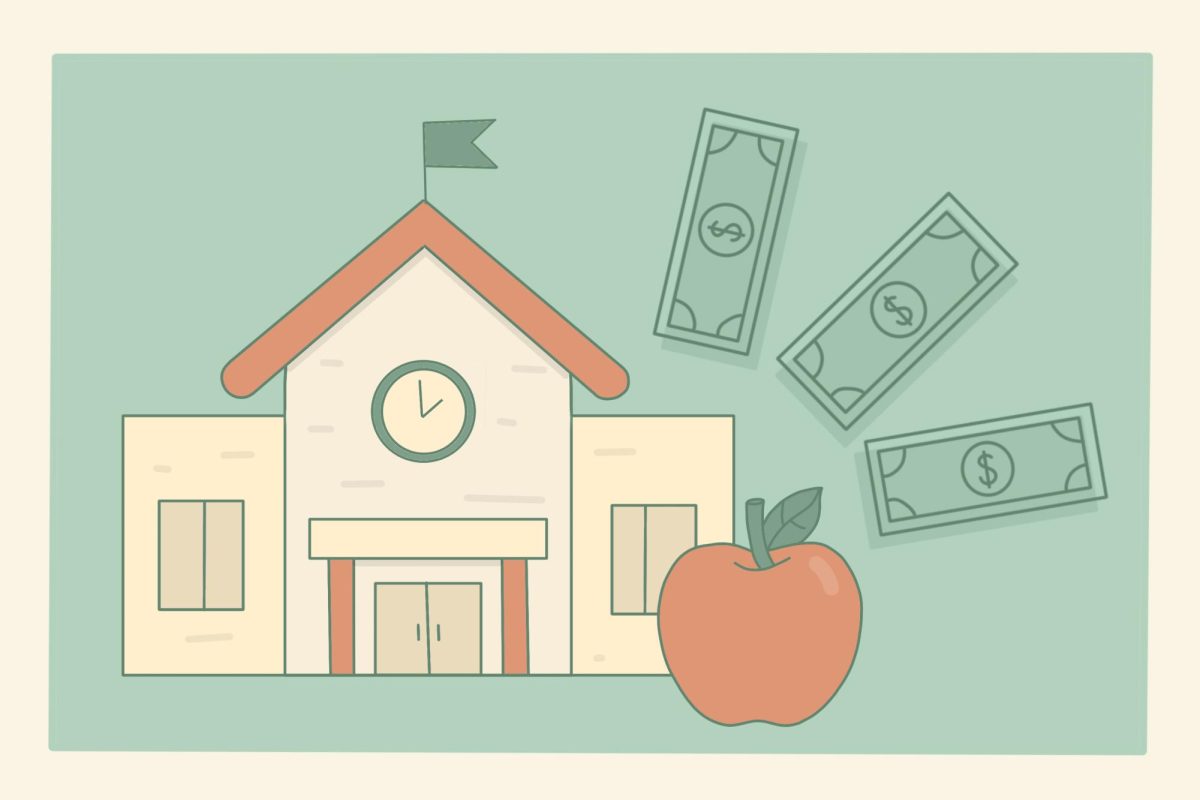 A school, apple and three pieces of money on a green background with a beige border.