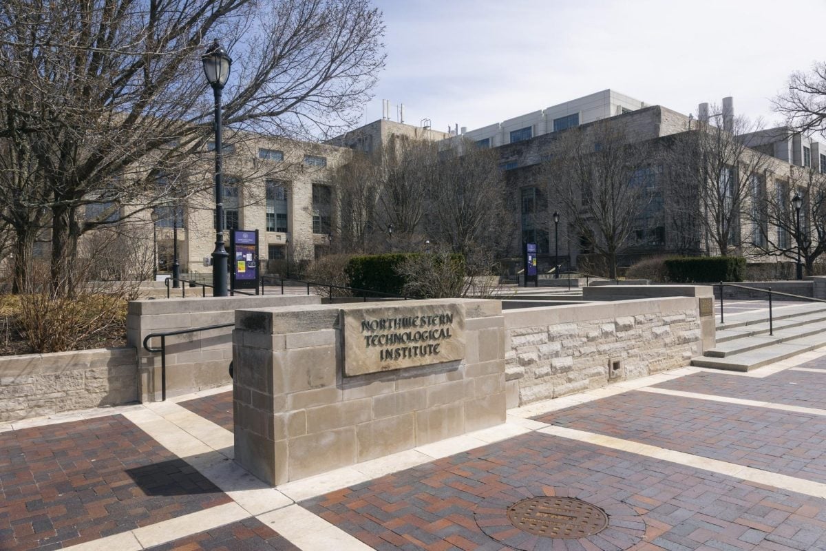A building titled 'Northwestern Technological Institute' with bare trees on the perimeter.