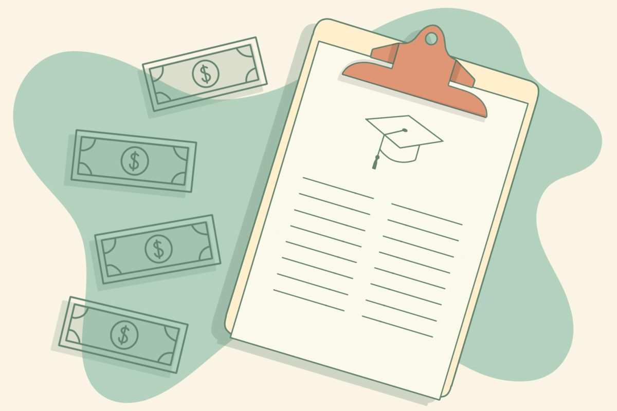 Money next to a clipboard with a drawing of an academic cap.