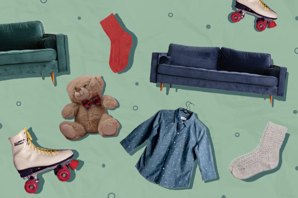 An illustration with furniture, clothing, a teddy bear and a roller skate scattered against a green background