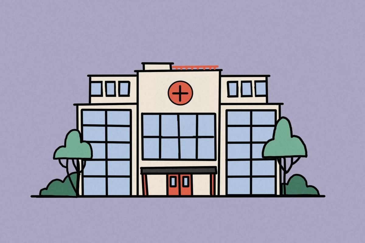 An illustration of a hospital with a purple background.