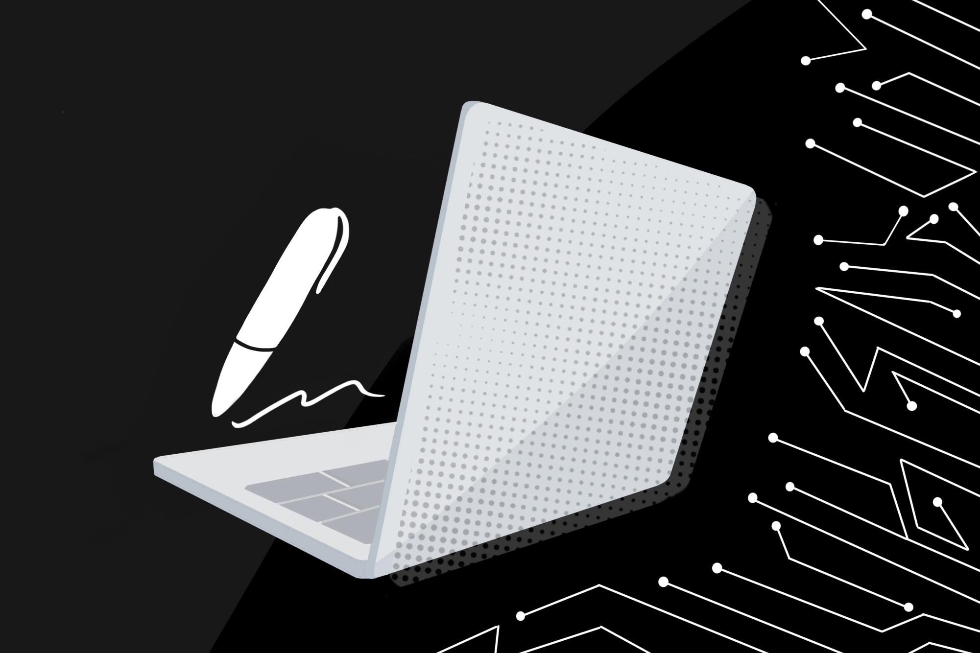 A white laptop and pen over a black background.