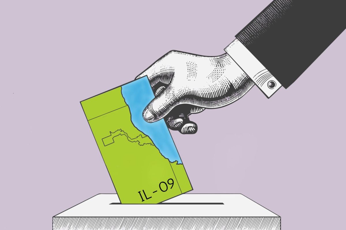 Drawn hand places a ballot that is also a map of Illinois’ 9th Congressional District into a ballot box.