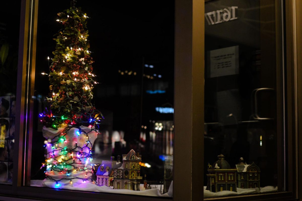 A window display containing miniature houses and a Christmas tree with colored lights.