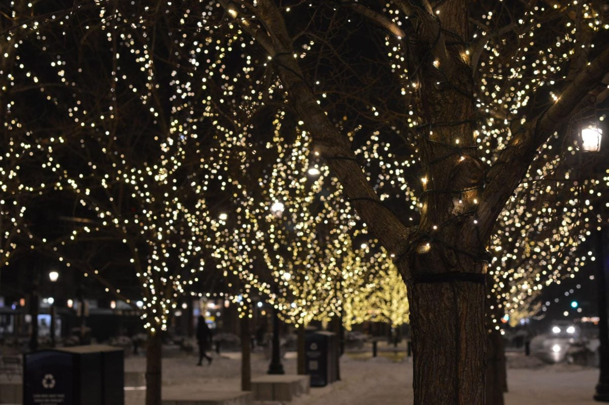 Though Northwestern’s campus is devoid of its usual winter lights this year, string lights adorn trees in downtown Evanston’s Fountain Square. 