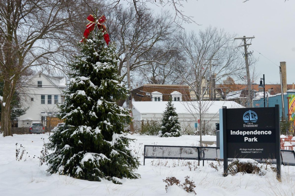 A tree covered in snow and topped with a red bow next to a sign that reads &ldquo;Independence Park.&rdquo;