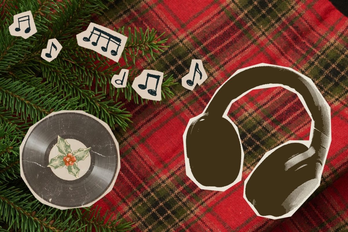 A headphone and music notes on a plaid background.