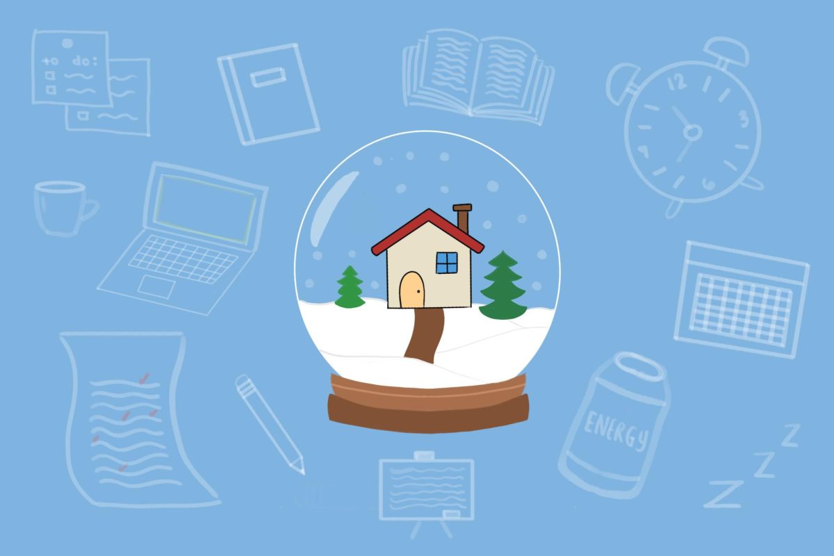 A house inside a snow globe over a blue background with white outlines of books and laptops.