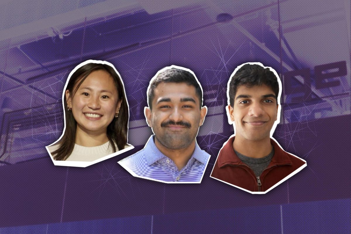 Portrait photos of three individuals, with a purple background of the outside of The Garage.