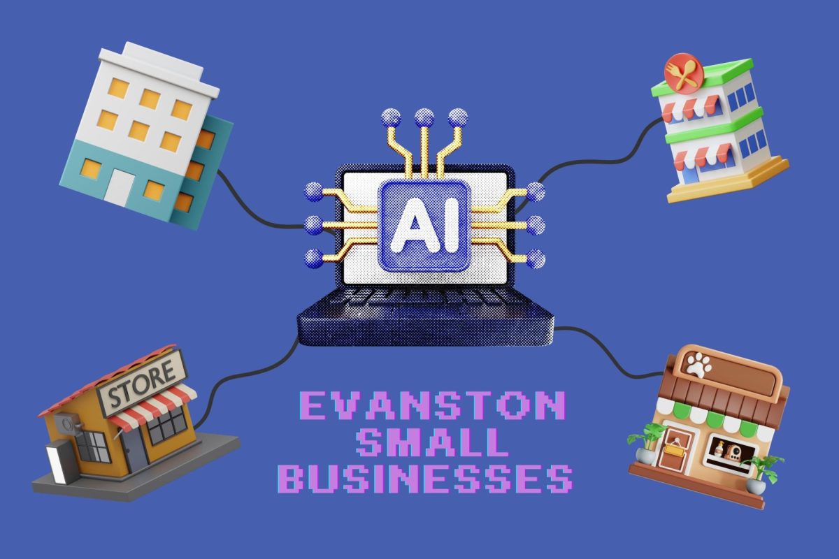 Storefronts surround a computer with AI on the screen.