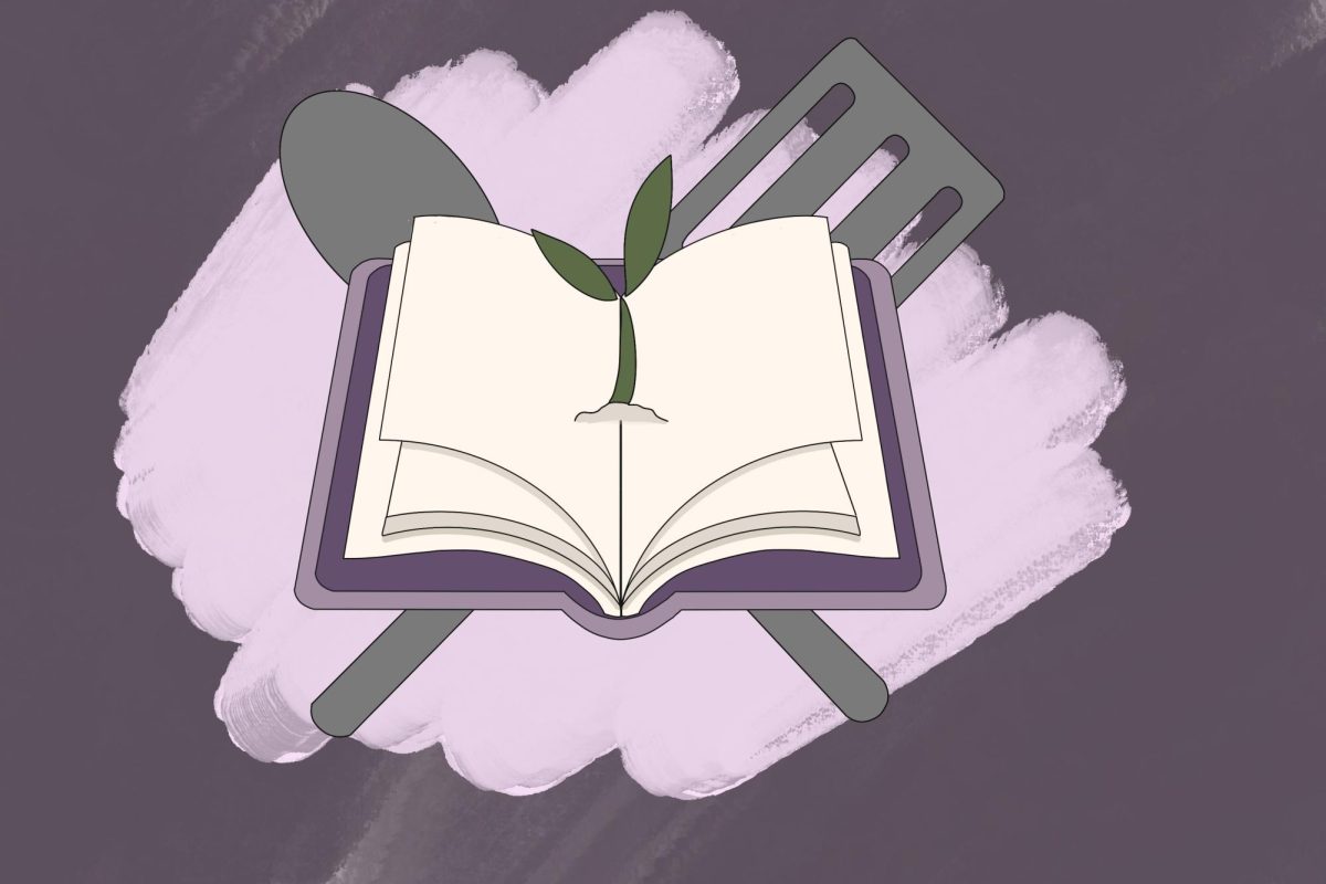 A book in front of cooking utensils.