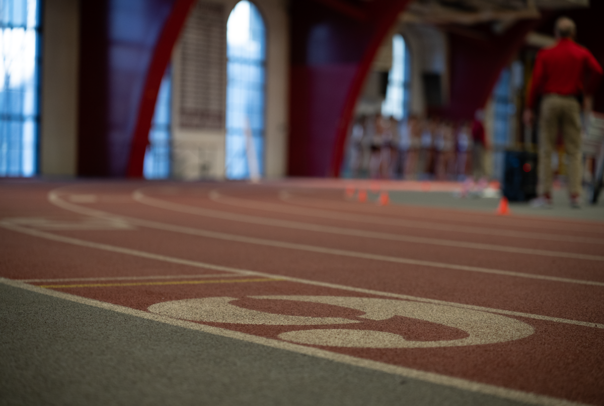 A close-up of an indoor track.